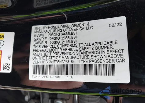 2022 Honda Accord Sport from USA, damaged, VIN 1HGCV1F36NA073186